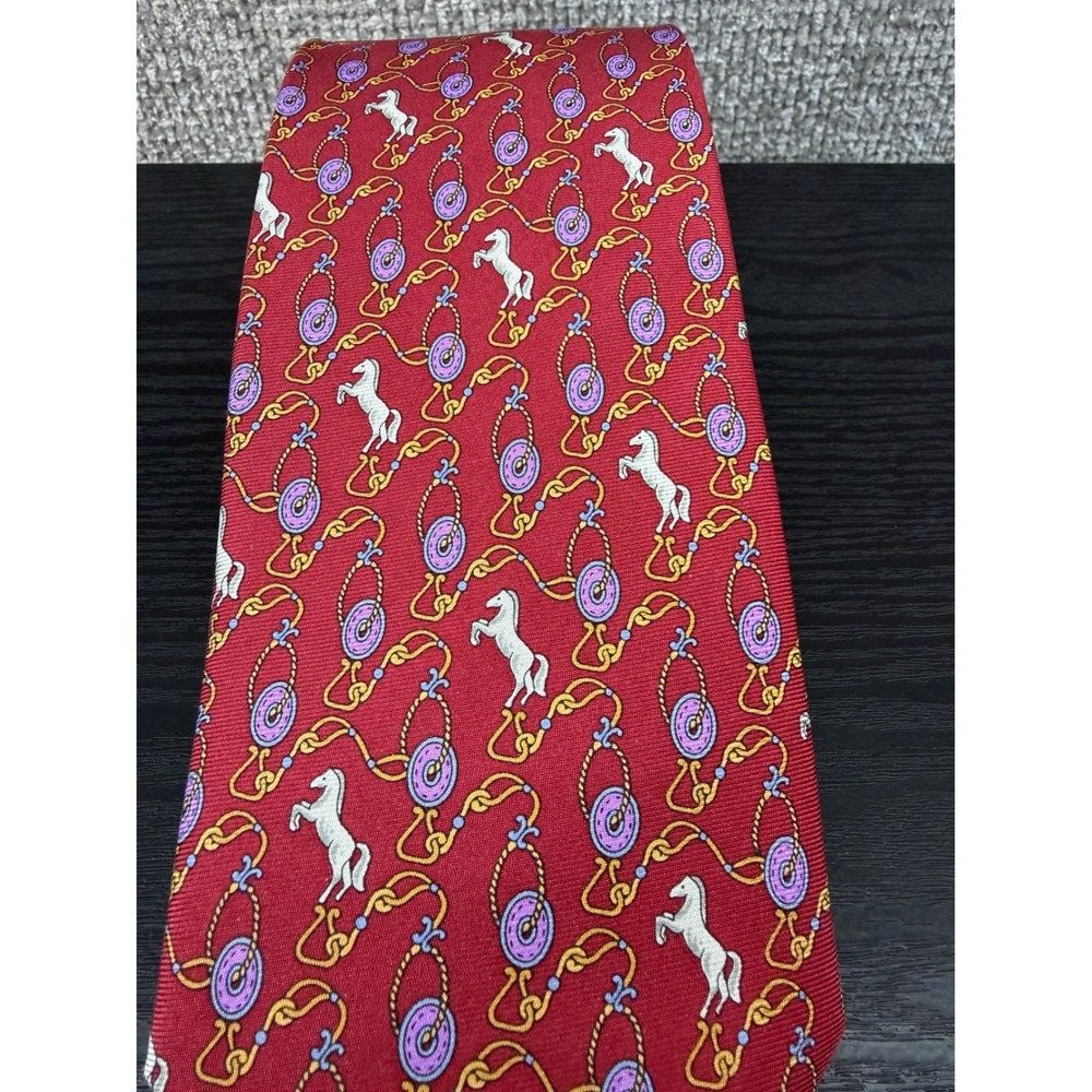 Trevisan Venezia Mens Red Silk Equestrian Horse Print Tie Made in Italy‎ - Picture 7 of 7